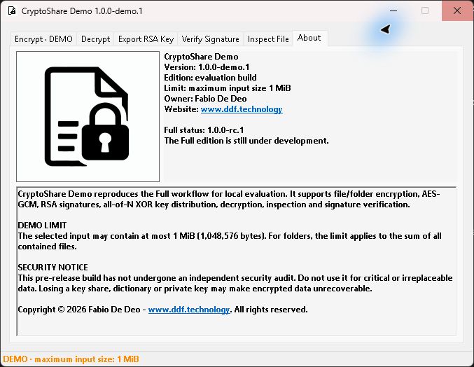 Schermata About di CryptoShare Demo con proprietà, stato RC e avviso di sicurezza