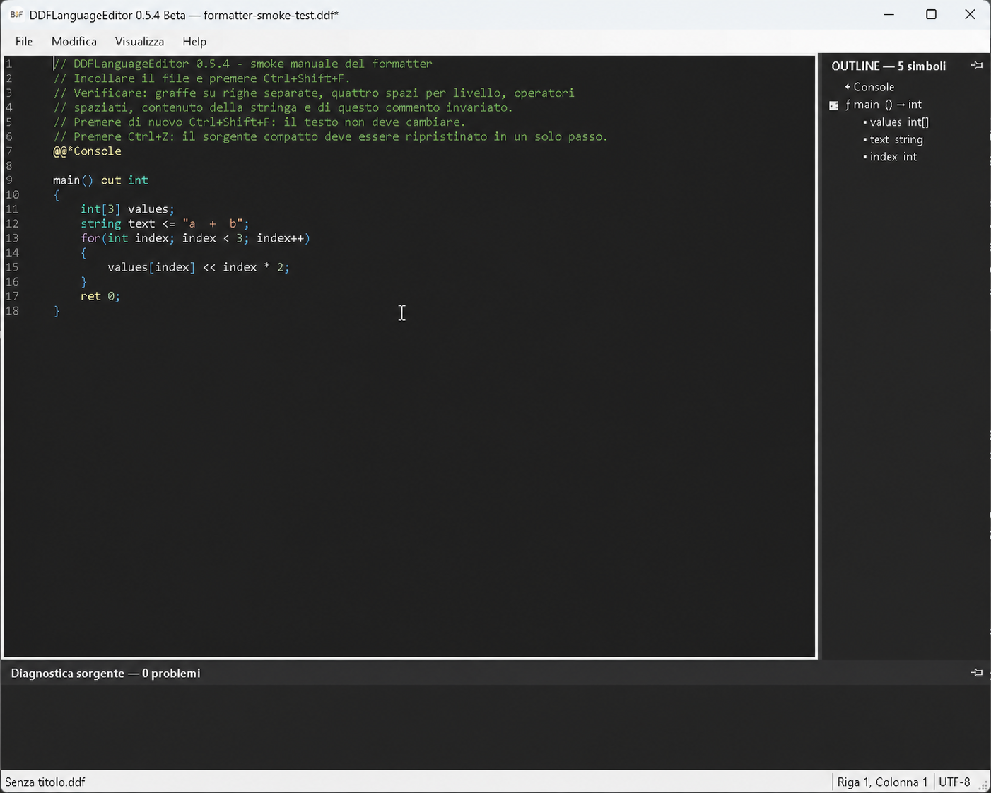Interfaccia precedente di DDFLanguageEditor con sorgente evidenziato, outline e diagnostica