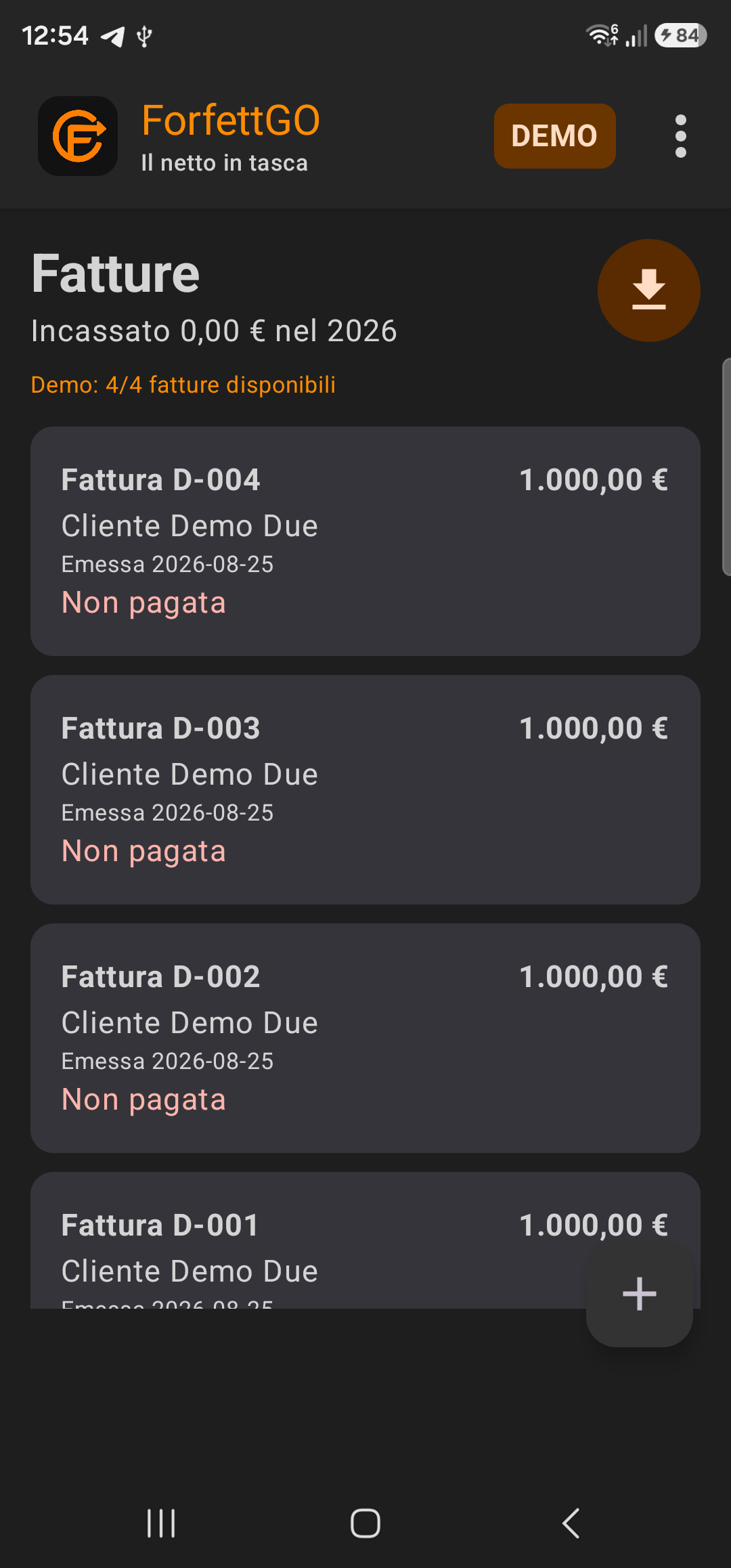 Elenco fatture ForfettGO Demo