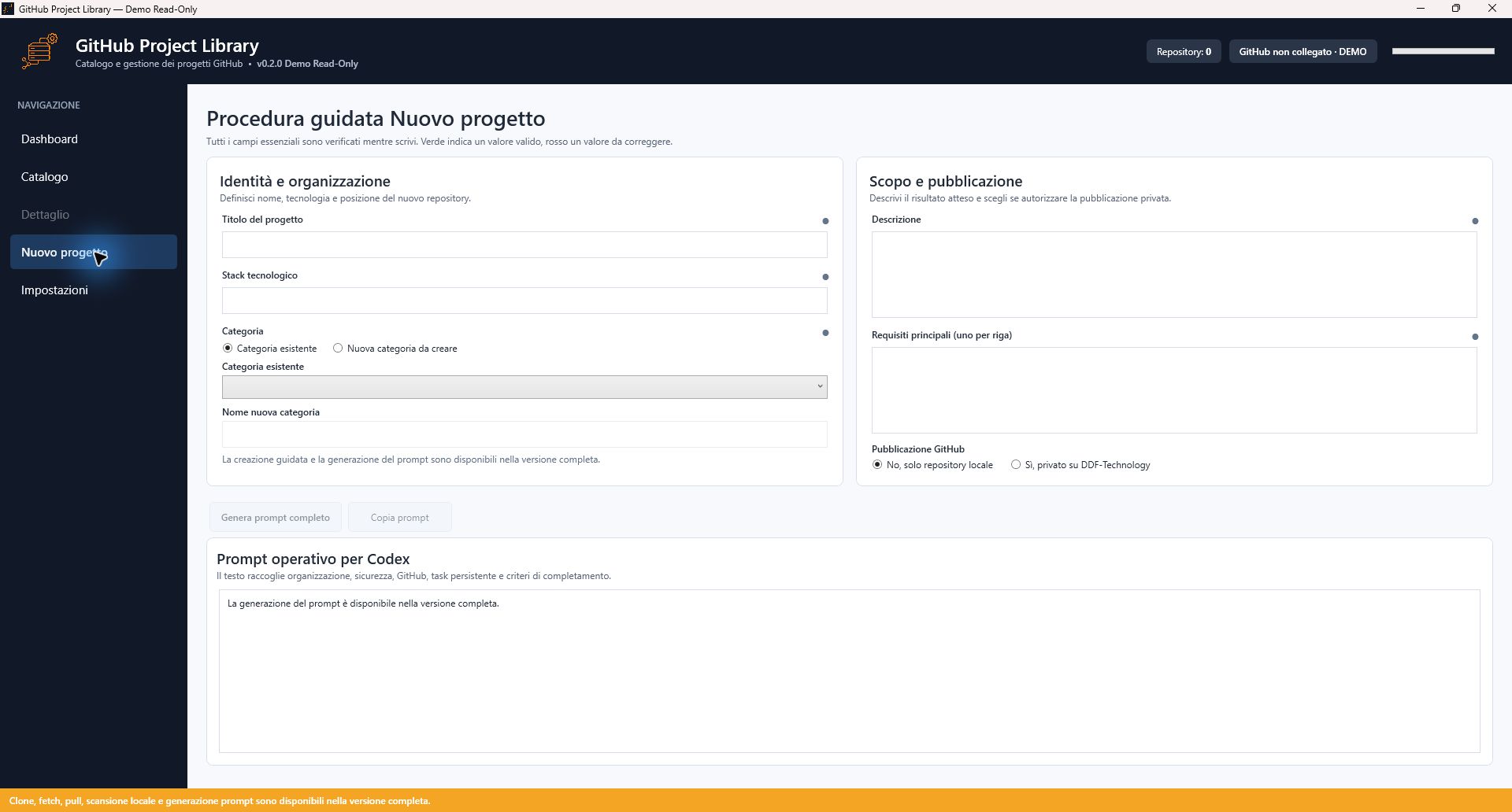 Demo new project page with disabled operations