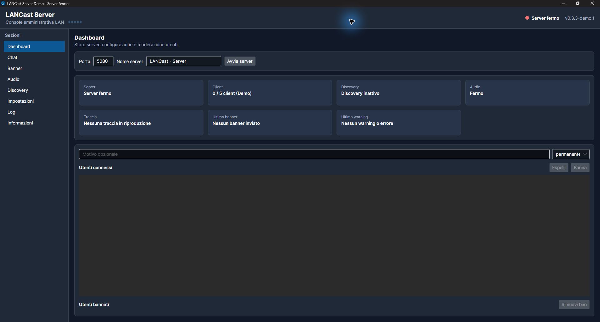 Dashboard del Server LANCast Demo