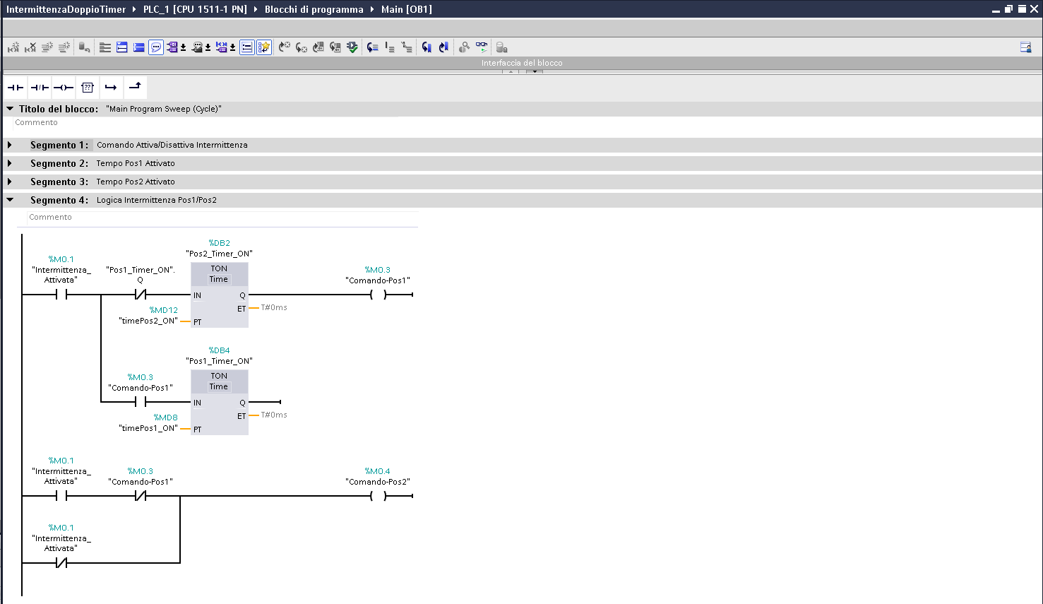 Logica LAD di PLCDualTimerDemo nel Main OB1 di Siemens TIA Portal