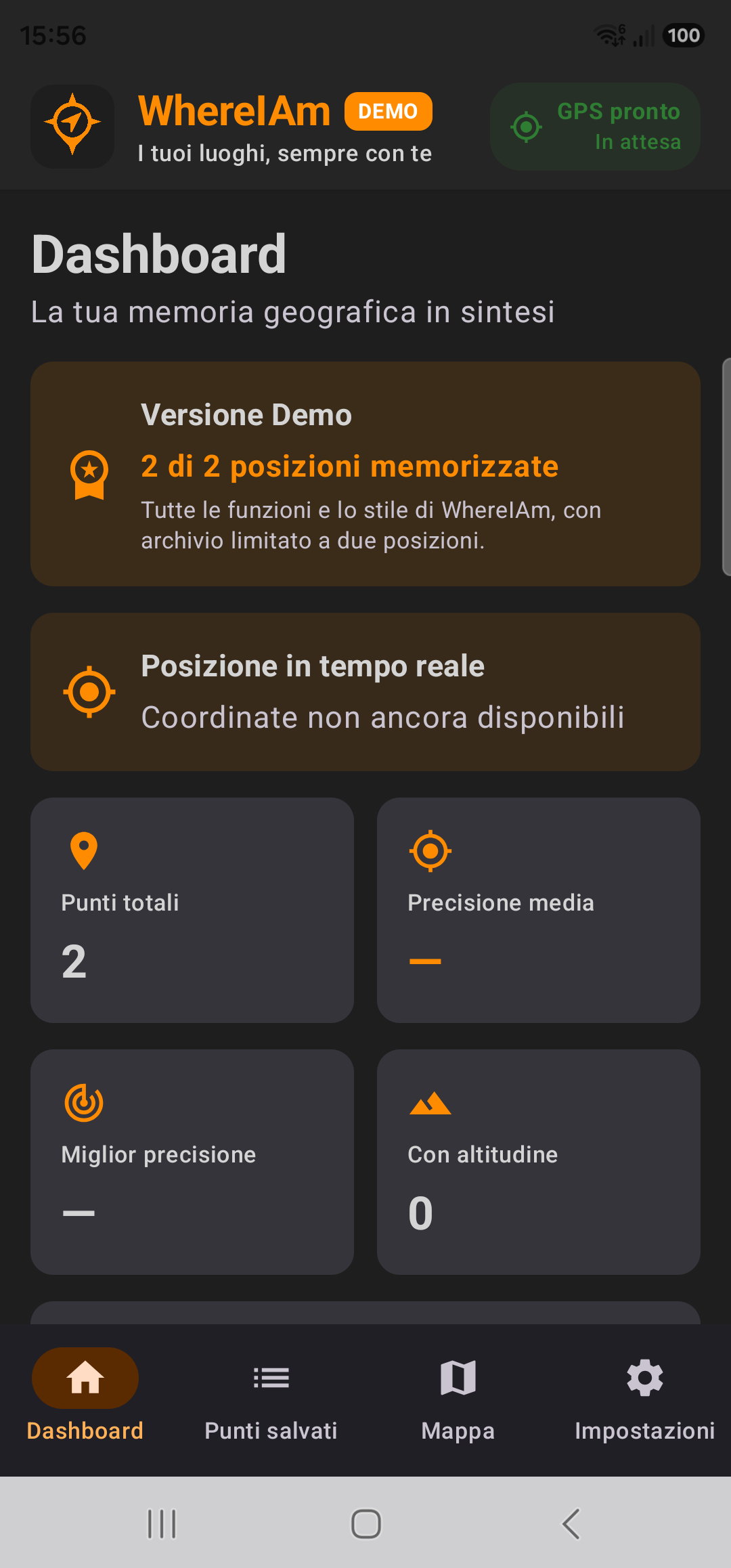 Dashboard WhereIAm Demo con limite di due posizioni
