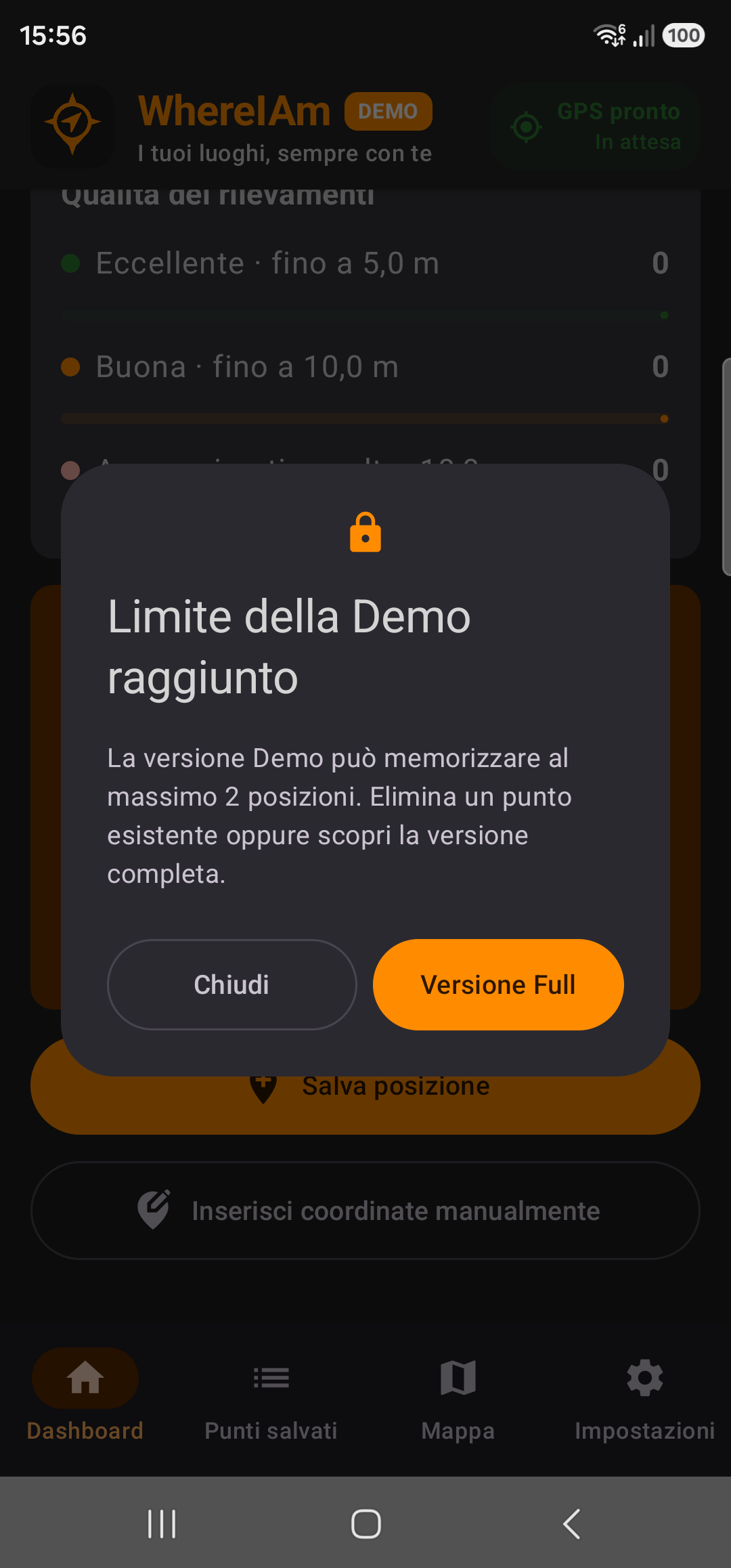 Limite delle posizioni salvate in WhereIAm Demo