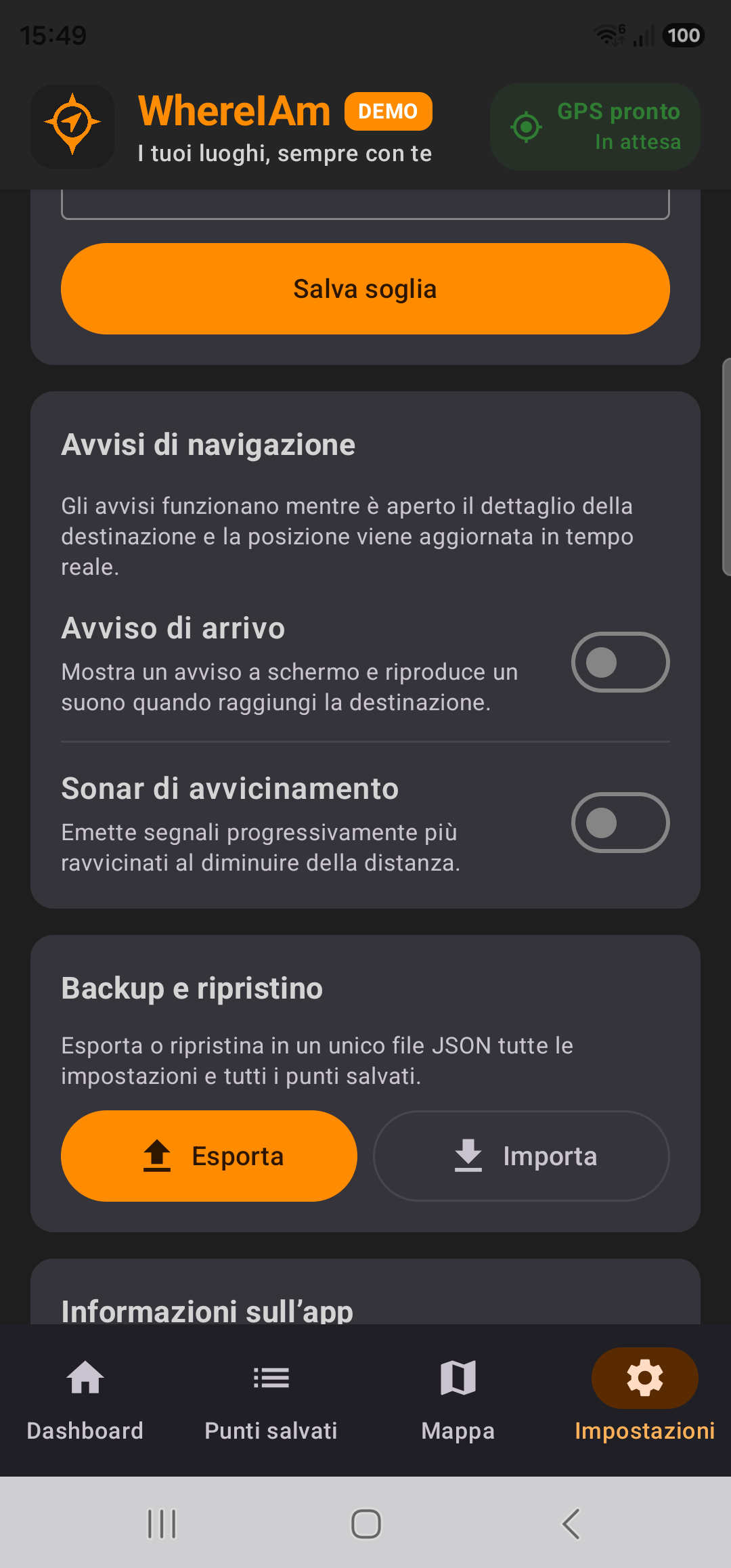 Funzioni e impostazioni WhereIAm Demo